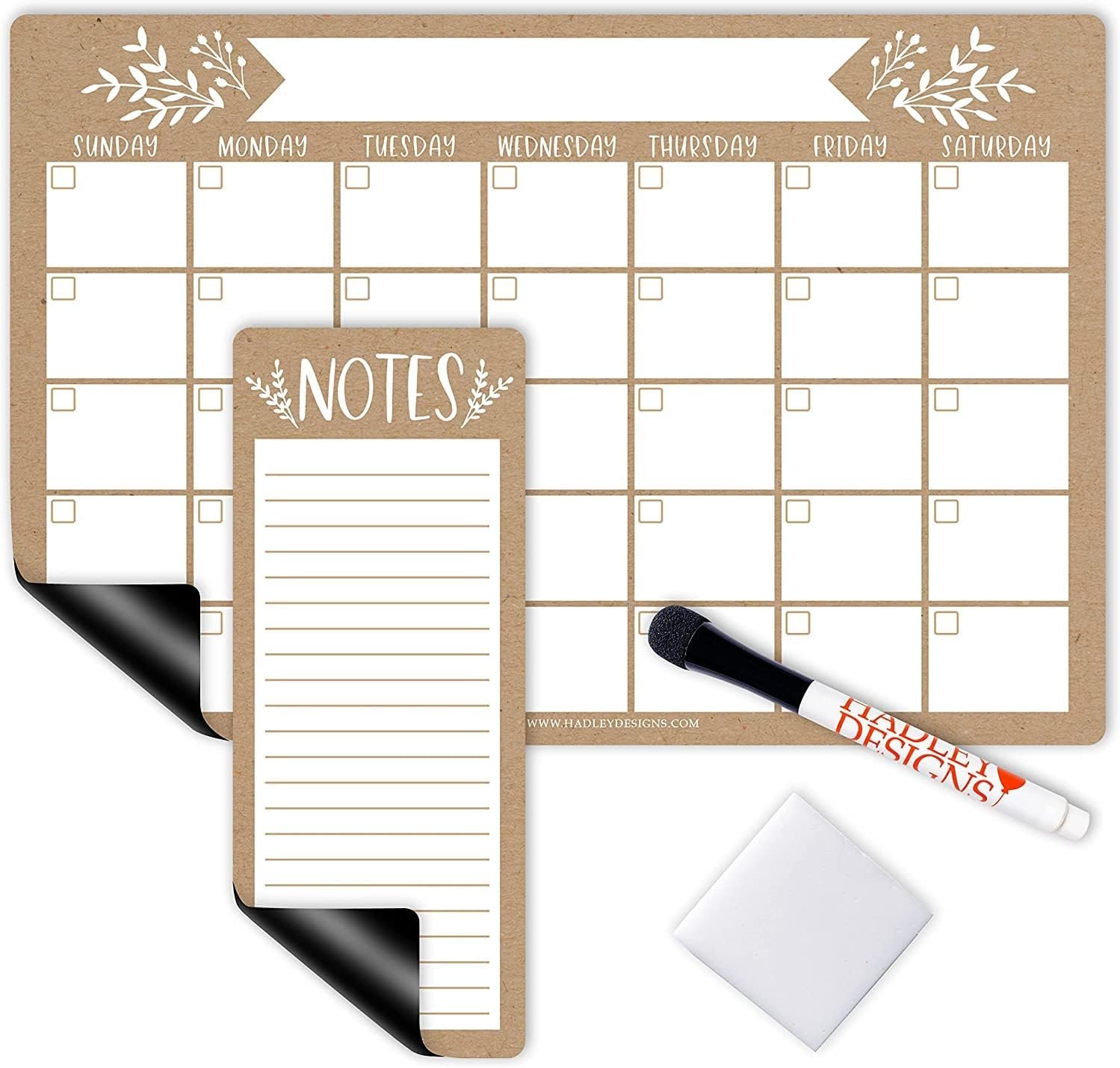Hadley Designs Magnetic Calendar for Refrigerator – Kraft White Magnetic Dry Erase Calendar, Dry Erase Calendars for Wall, Magnet Fridge Calendars, Notepad for Fridge with Magnet