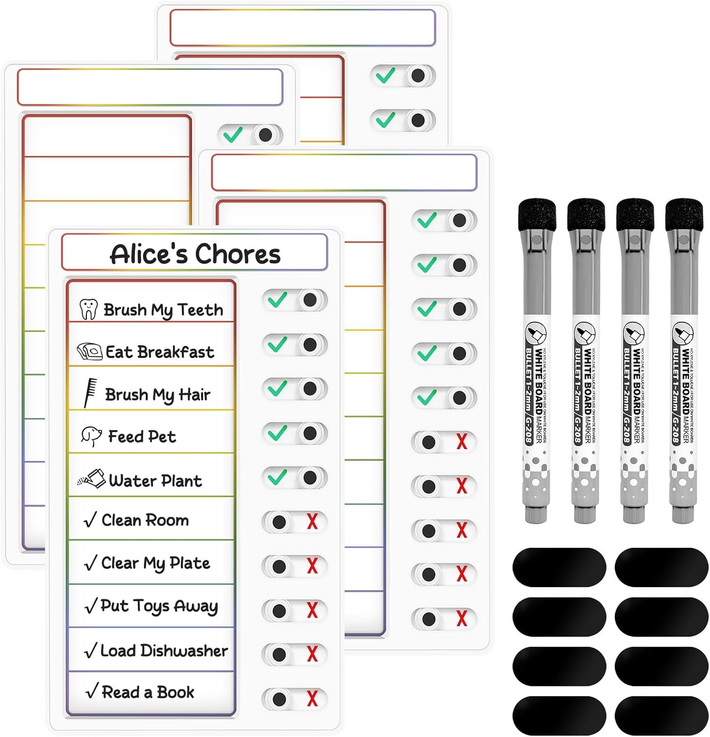 4 Pcs Chore Chart for Kids: Dry Erase My Chores Slider Chart, Magnetic Visual Schedule for Fridge, Kids Daily Checklist – ADHD Tools: to Do List and Routine Chart for Multiple Kids (Rainbow 4-Pack)