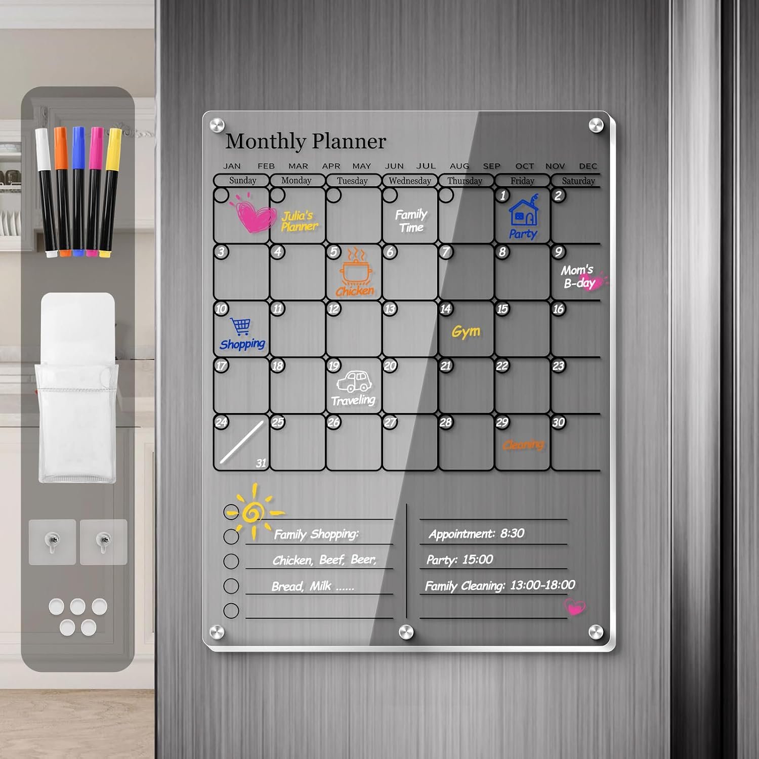 Magnetic Calendar for Refrigerator, Thick Acrylic Fridge Calendar with Strong Magnets, Clear Dry Erase White Board, 2in1 Monthly Weekly Planner, Family Organizer with 5 Color Visible Marker (Black)