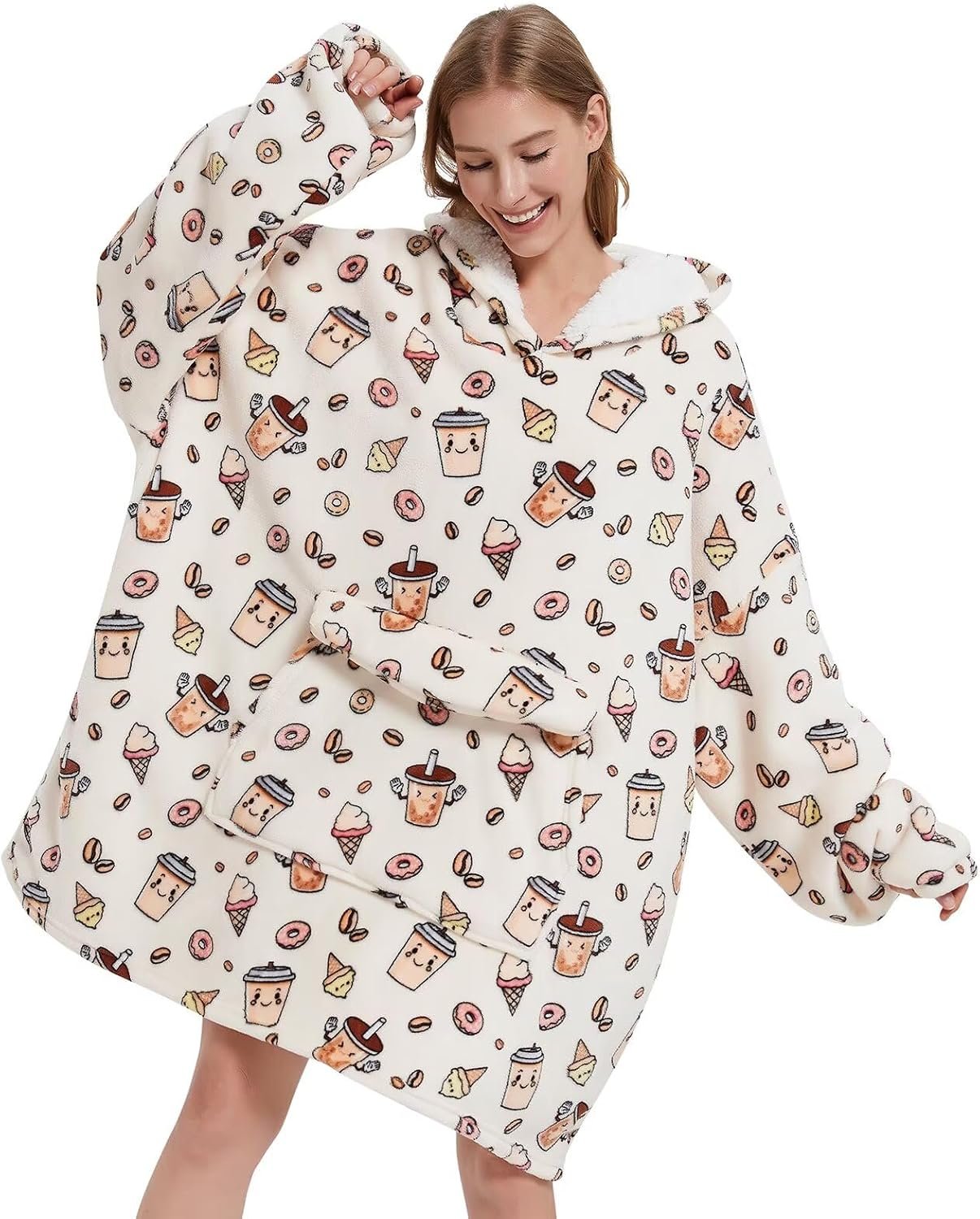Fiosnow Doughnut and Coffee Blanket Hoodies for Women and Men Adult Oversize Wearable Blanket Hoodies for Soft and Warm