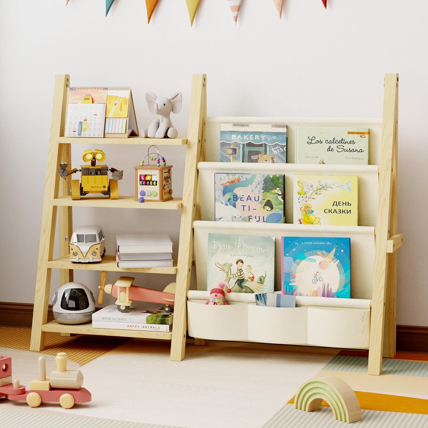 Toy Storage Organizer with Kids Bookshelf, Montessori Wooden Toy Organizer Book Shelf for Kids Rooms, Nursery, Playroom, Child, Baby, Toddler Bookcase, Toys Rack Fabric Sling Book Shelves