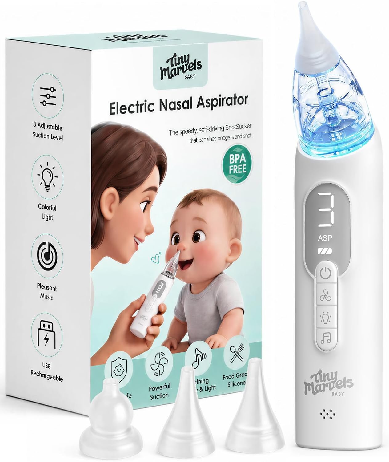 Nasal Aspirator for Baby, Nose Sucker with 3 Suction Level, Music Light