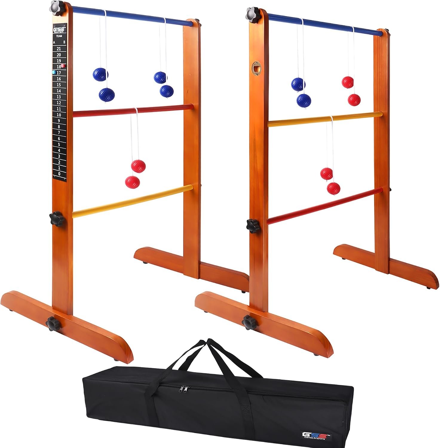 GSE Ladder Ball Toss Game Set with 6 Golf Bolas & Carrying Case, Solid Wood