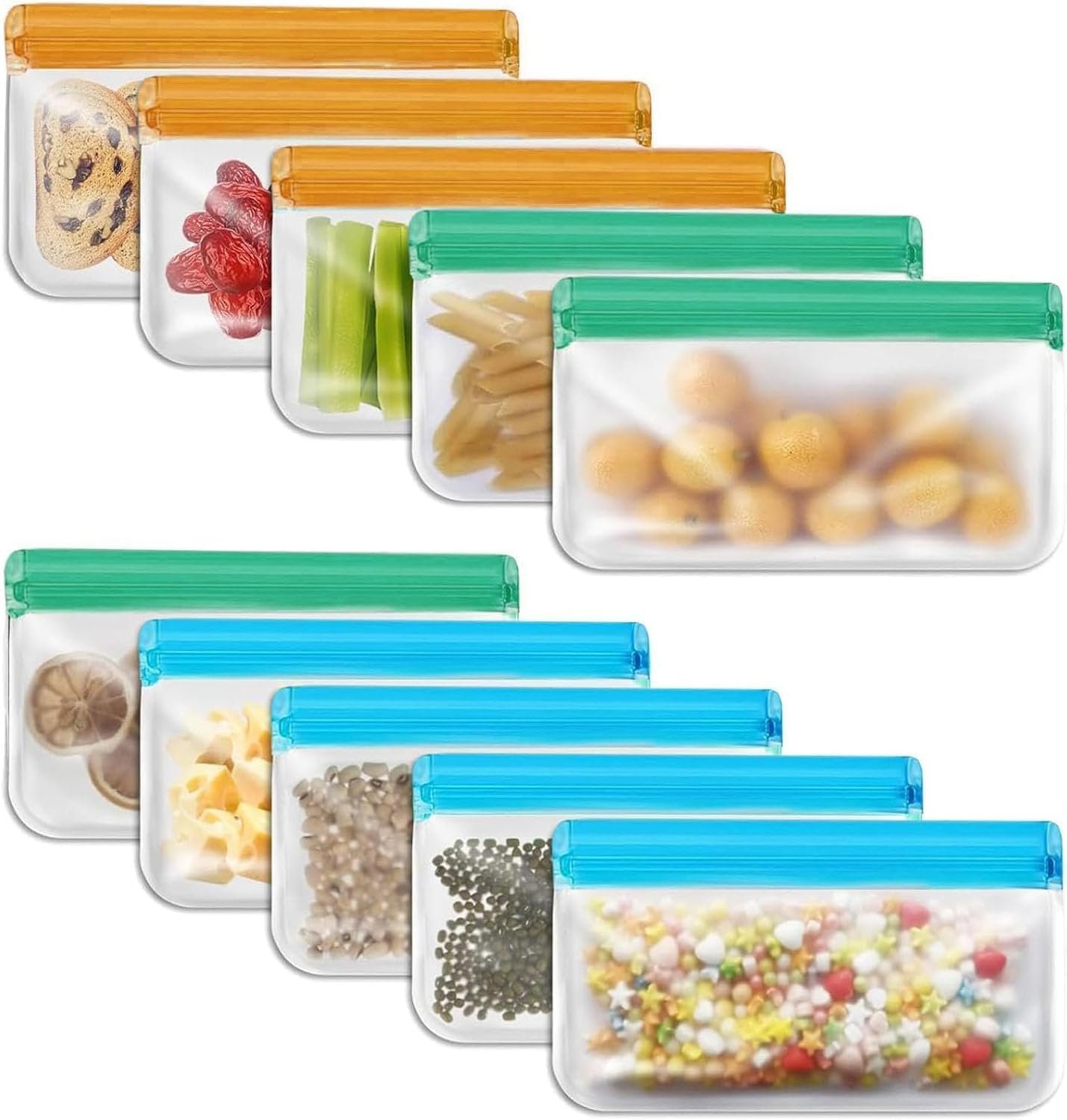 Dishwasher reusable bags Silicone,BPA Free, Leakproof Freezer Bags, reusable silicone bags for Lunch Marinate Food Travel (10-Piece Snack Bag)
