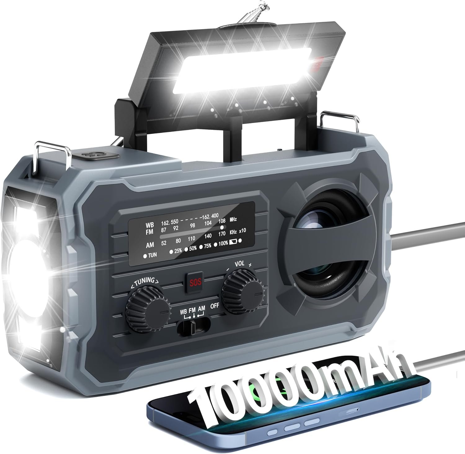 Hand Crank Emergency Radio 10000mAh Weather Radio with AM/FM/NOAA, Grey