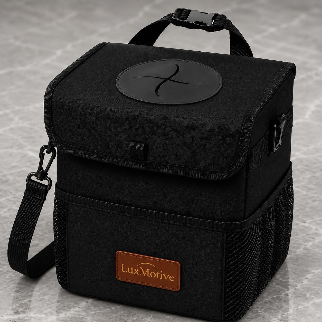 Car Trash Can Premium 3-Gallon Waterproof with Lid, Foldable Leakproof Auto Garbage Bin Organizer with Adjustable Strap, Reflective Interior & Mesh Storage Pockets (Black)