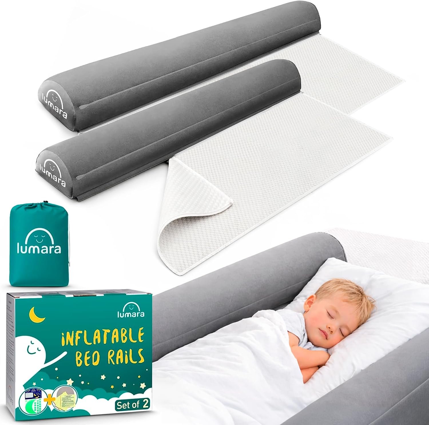 LUMARA Inflatable Bed Rail for Toddlers 2 Pack – Portable Travel Bed Bumpers for Kids Fits Twin Full Queen King Size Beds – Non-Slip Safety Guard Rails