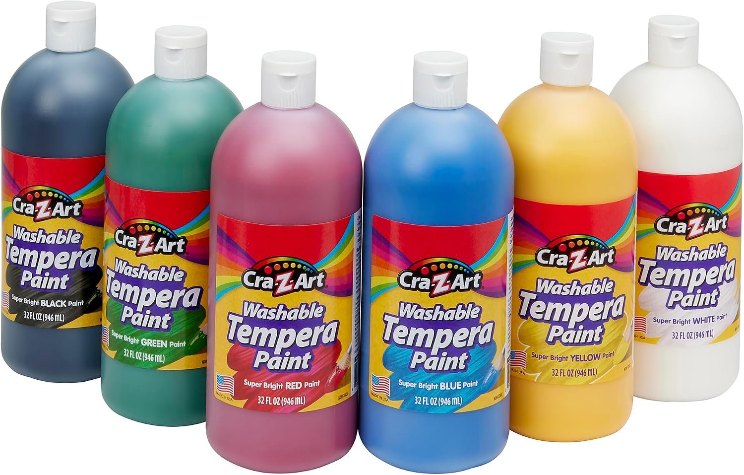 Cra-Z-Art Washable Tempera Paint Bulk Pack 6 Color Set Assorted Colors 32oz each bottle, 6 Super Bright Finger Paint Color, Great Back to School Teacher Supplies