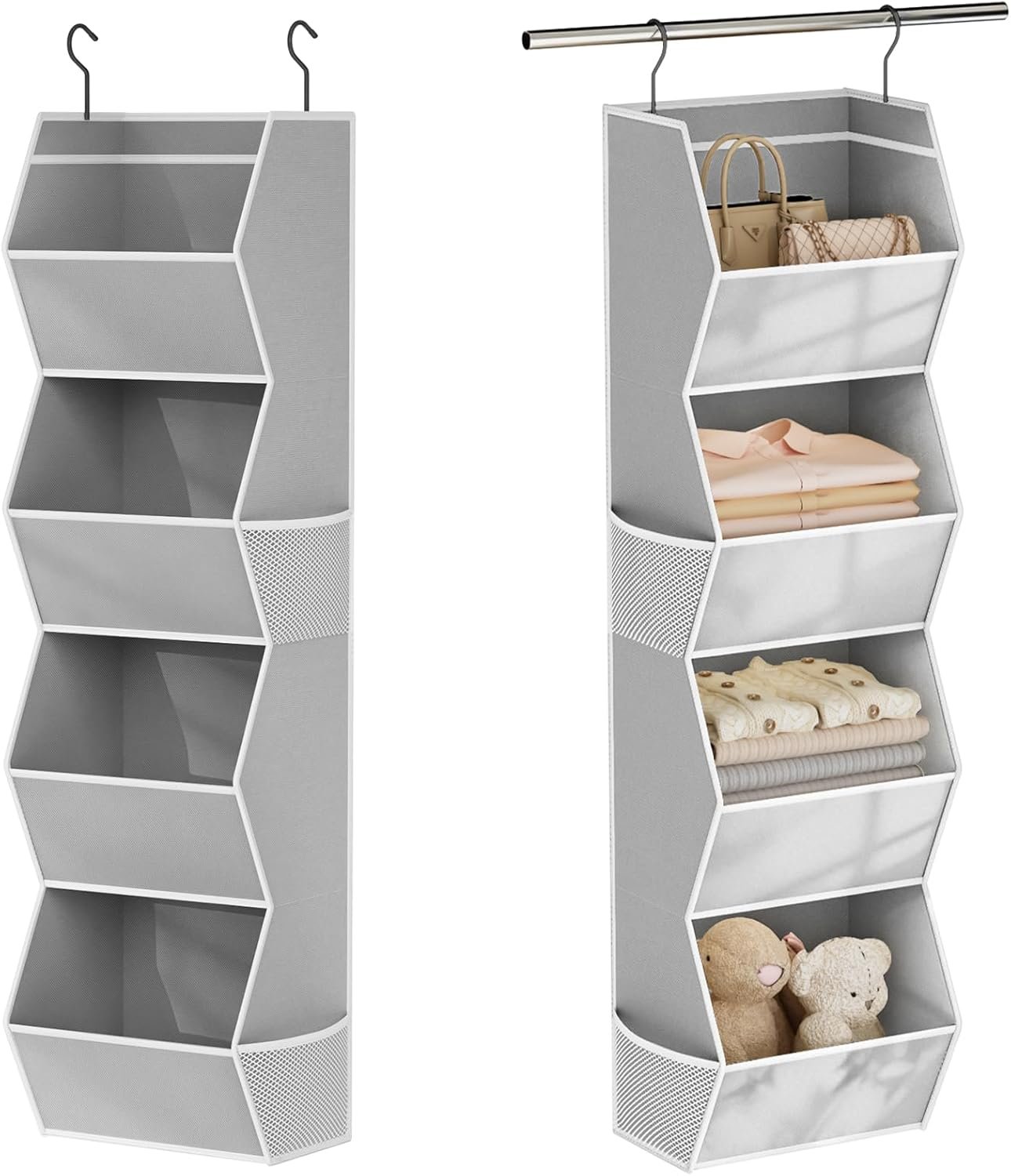 Hanging Closet Organizer 4 Shelf Collapsible Bedroom Closet Organizers and Storage Hanging with Mesh Pockets for Clothes, Fabric Hanging Storage Bins for Wardrobe Closet Organization and Storage, Grey