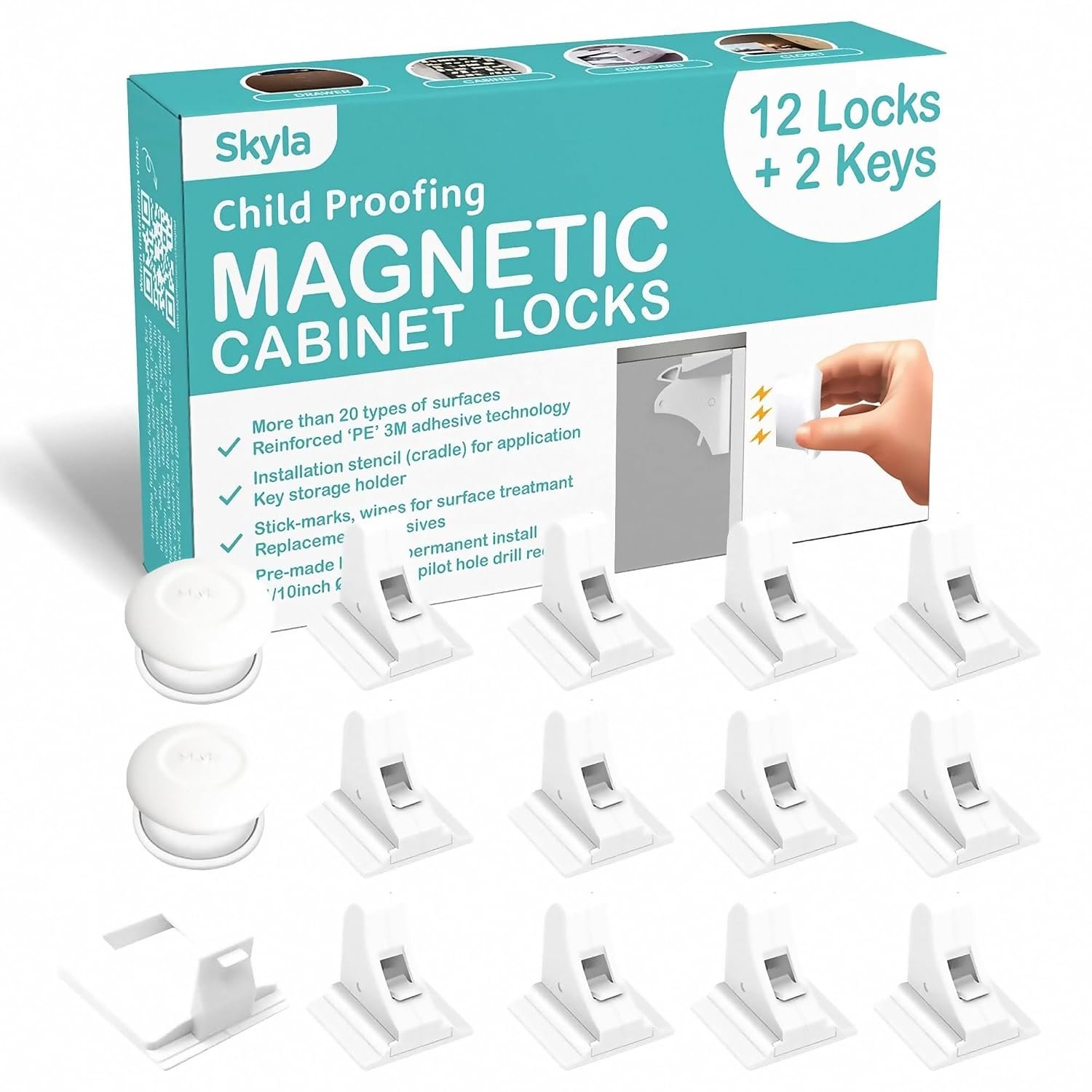 Skyla Homes Child Safety Magnetic Cabinet Locks, White, 12 Pack