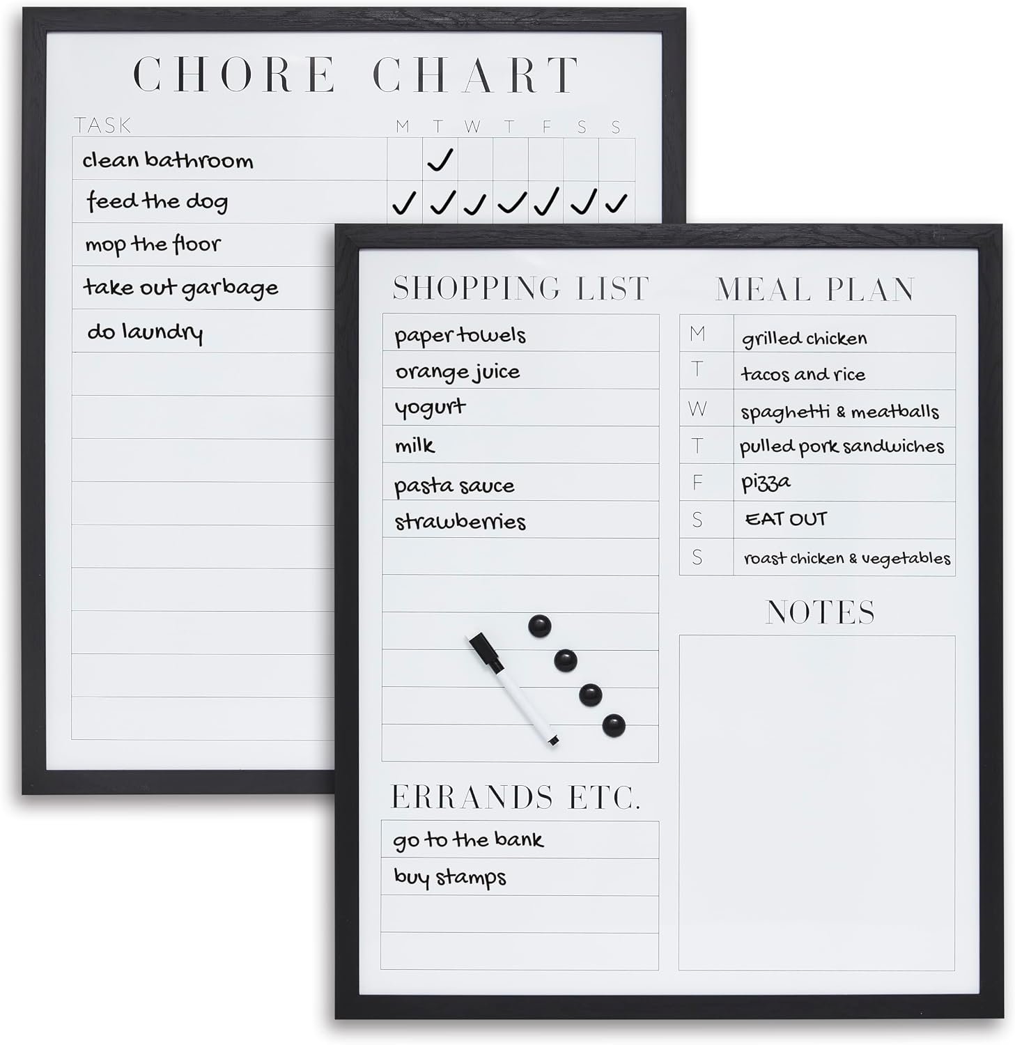 Sheffield Home Set of Two Family Planner Dry Erase Boards Featuring, Chore Chart, Shopping List, Weekly Meal Planner and Notes, 20×24 Inch, Black