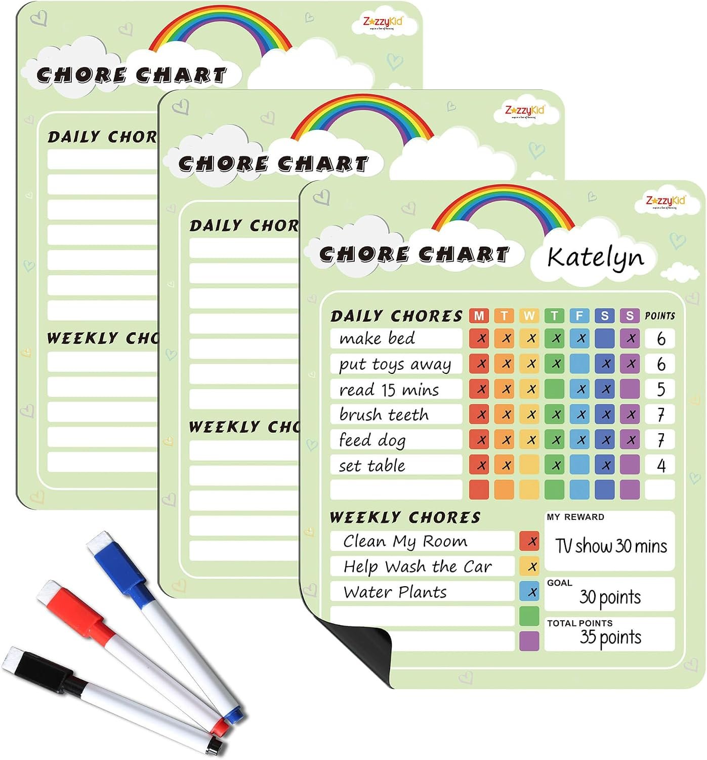 ZazzyKid Magnetic Dry Erase Chore Chart: 8” x 10”, 3 Pack for Multiple Kids, Daily Weekly Behavior & Responsibility Board for Fridge, Reward Chart for Family and Classroom
