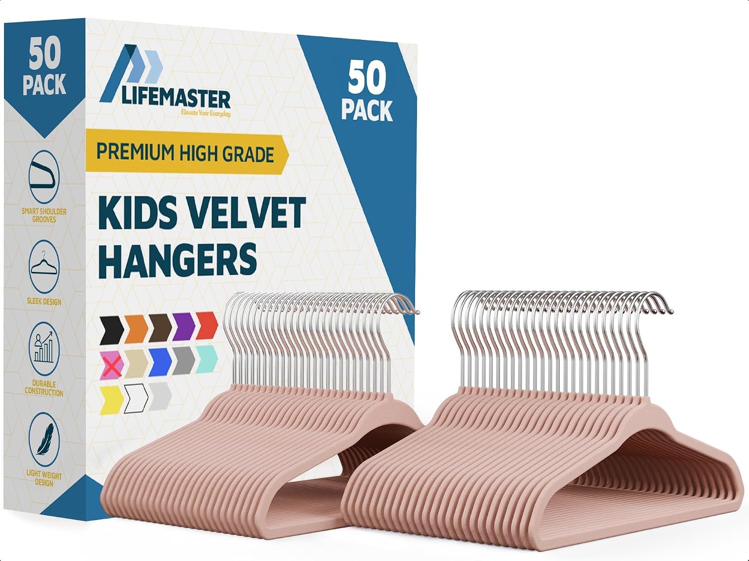 Pink Velvet Kids Hangers 50 Pack, 10.83″ Non-Slip Baby & Toddler Hangers for Clothes, Space-Saving Slim ABS Plastic with 360° Swivel Hook & Notched Shoulders, Up to 10 lb Capacity