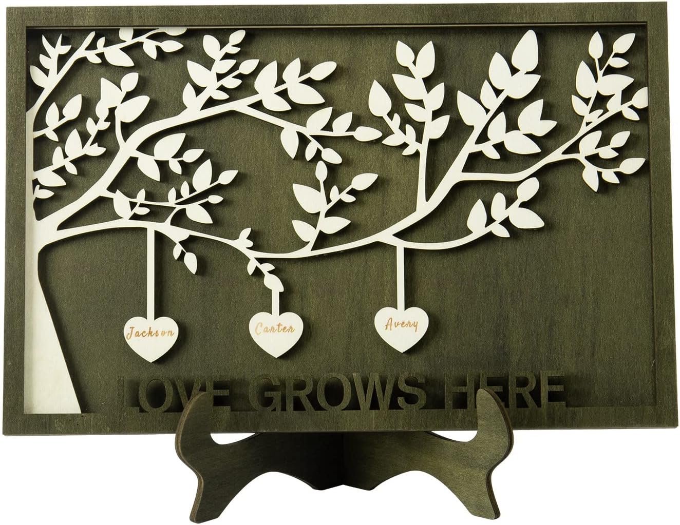 Gifts for Women Personalized Tree of Life Heart Names Frame Customized Wooden Family Tree Frame with Base Family Plaque Keepsake Gifts for Mom Grandma (Style 5, 3 Name)