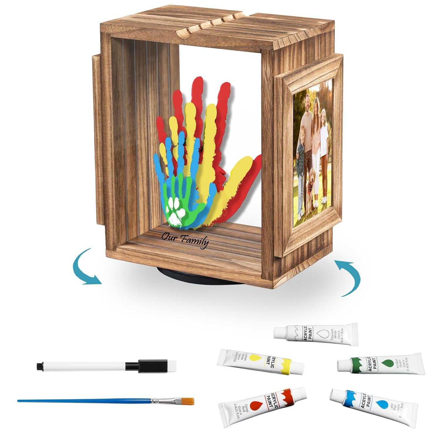 Emfogo 360 Rotating Family Handprint Kit, DIY Craft Keepsake Wooden Frame, Baby Footprint Kit, 5 Paint Colors Included, Non-Toxic Paints&Transparent Sheets, Gifts for Handprint Family Keepsake（Brown）