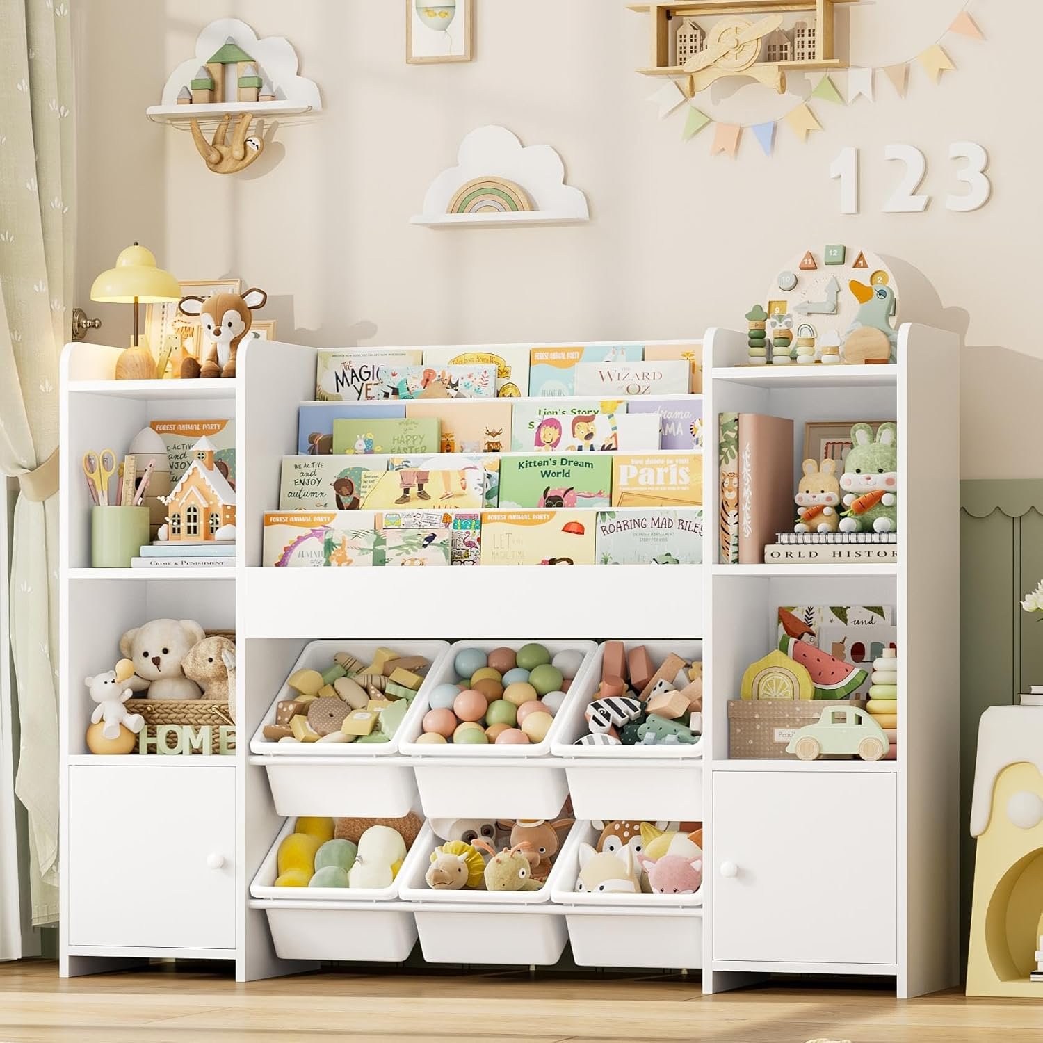 FINETONES Toy Storage Organizer with 6 Toy Bins & 4 Tier Kids Bookshelf