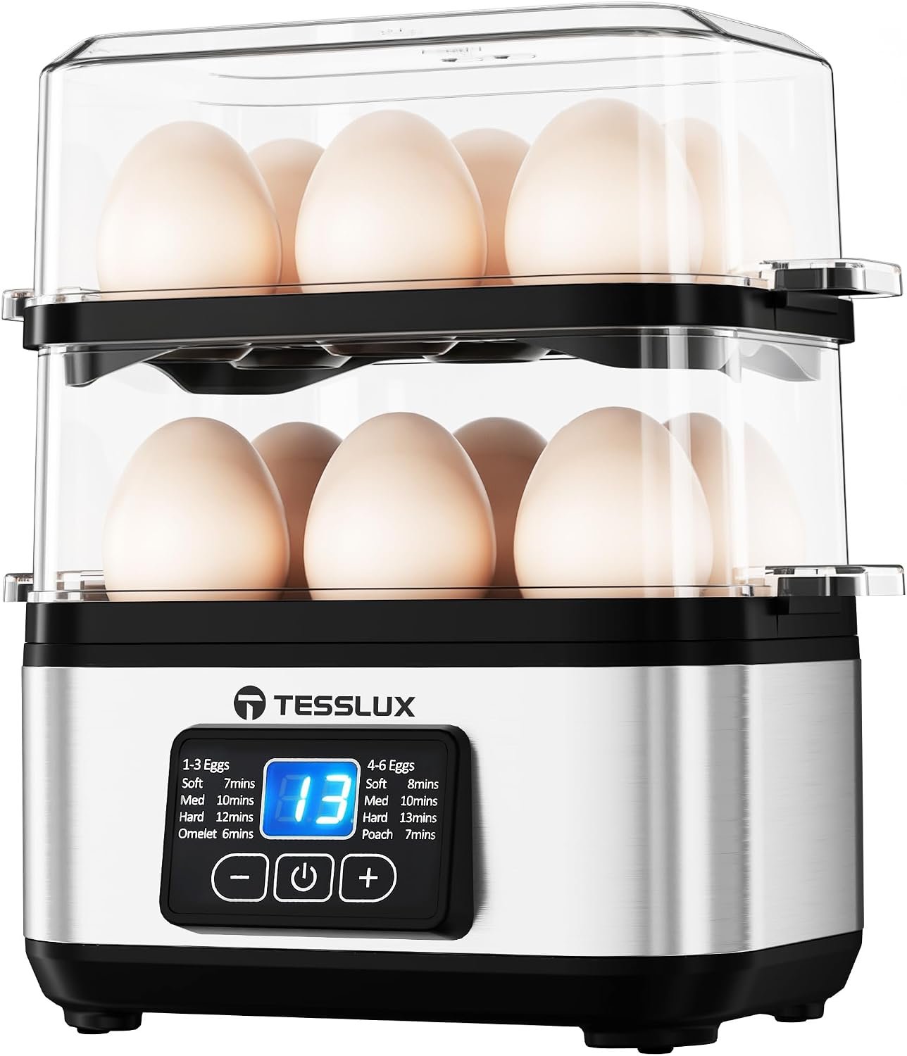 Tesslux Egg Cooker, Dual Layer 12 Egg Boiler, Soft Hard Poached, Silver
