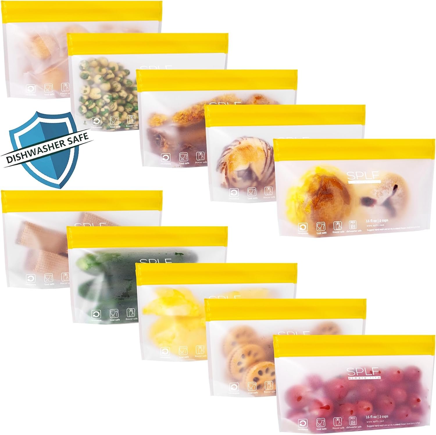 SPLF 10 Pack Stand-Up Reusable Snack Bags Dishwasher Safe