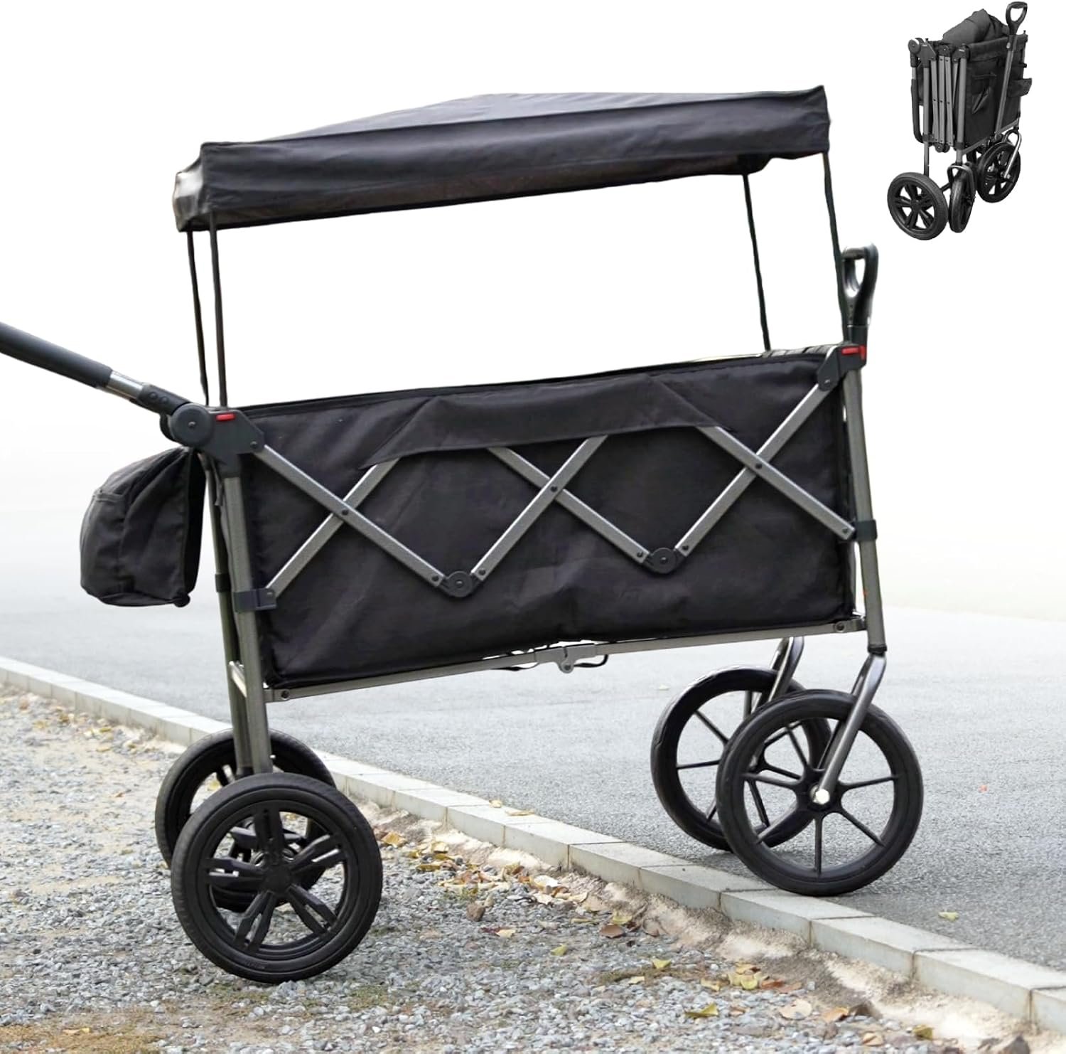 Wagon for Kids with 12” Big Front Wheels, All-Terrain Wagon Stroller Glides Over Curbs & Cracks, Foldable Push Pull Cart with Removable Canopy & 5-Point Harness
