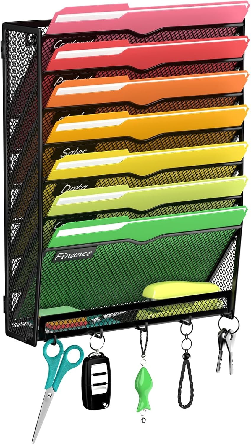 8-Tier Wall File Organizer with Hook, Hanging File Organizer Black