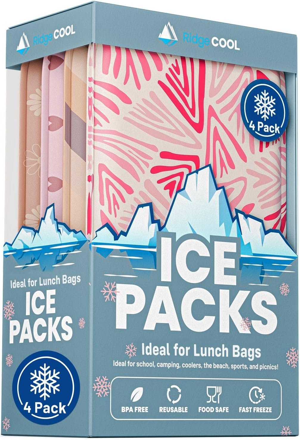 4 Pack Slim Ice Packs for Lunch Boxes, Reusable Kids Cold Packs for Coolers