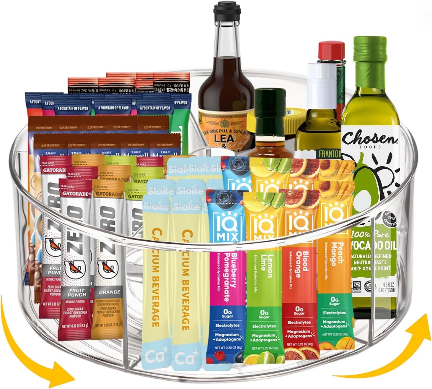 Clear Acrylic Drink Packet Organizer 11.7″ x 11.7″ x 4.5″, 360° Rotating Carousel Lazy Susan Storage Bins Turntable 5-Compartment Dividers for Kitchen Fridge Pantry Powdered Drinks Water Snacks