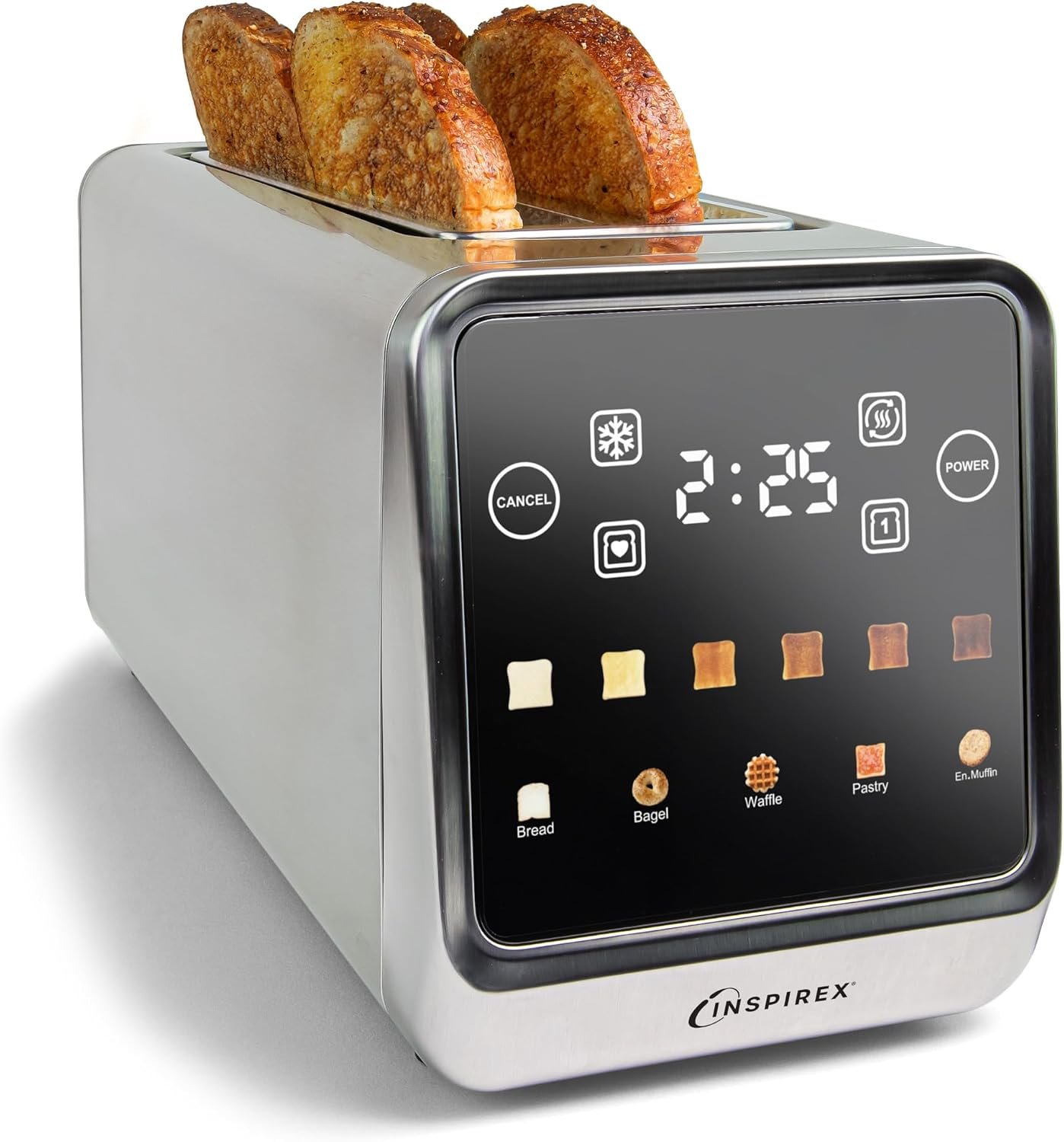 Inspirex Touch Screen Toaster – 4 Slice Long Extra-Wide Slots – 5 Bread Type and 6 Browning Levels – Defrost, Reheat, Favorite, Single Slot Settings – Stainless Steel