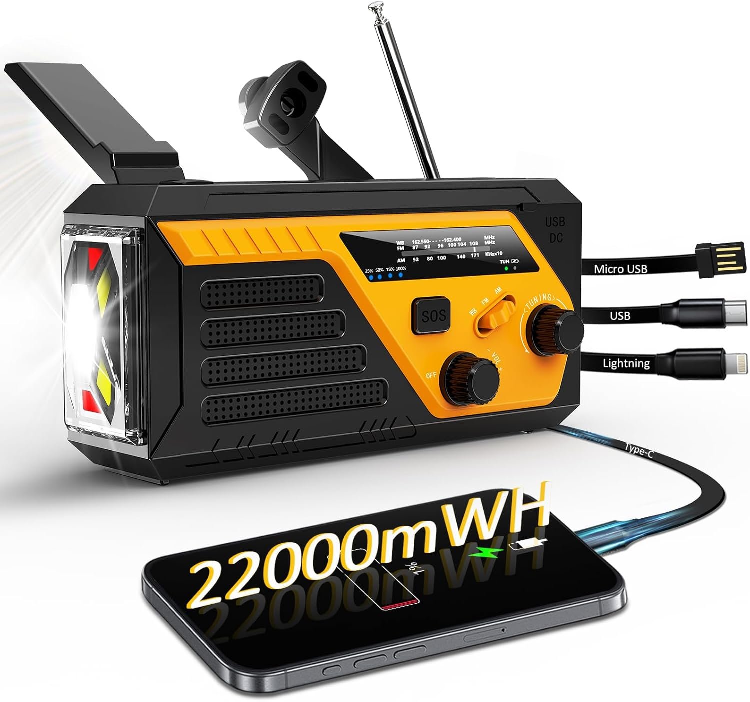 Emergency Radio with 4 Charging Cables, 22000mWh AM FM NOAA Weather Radio