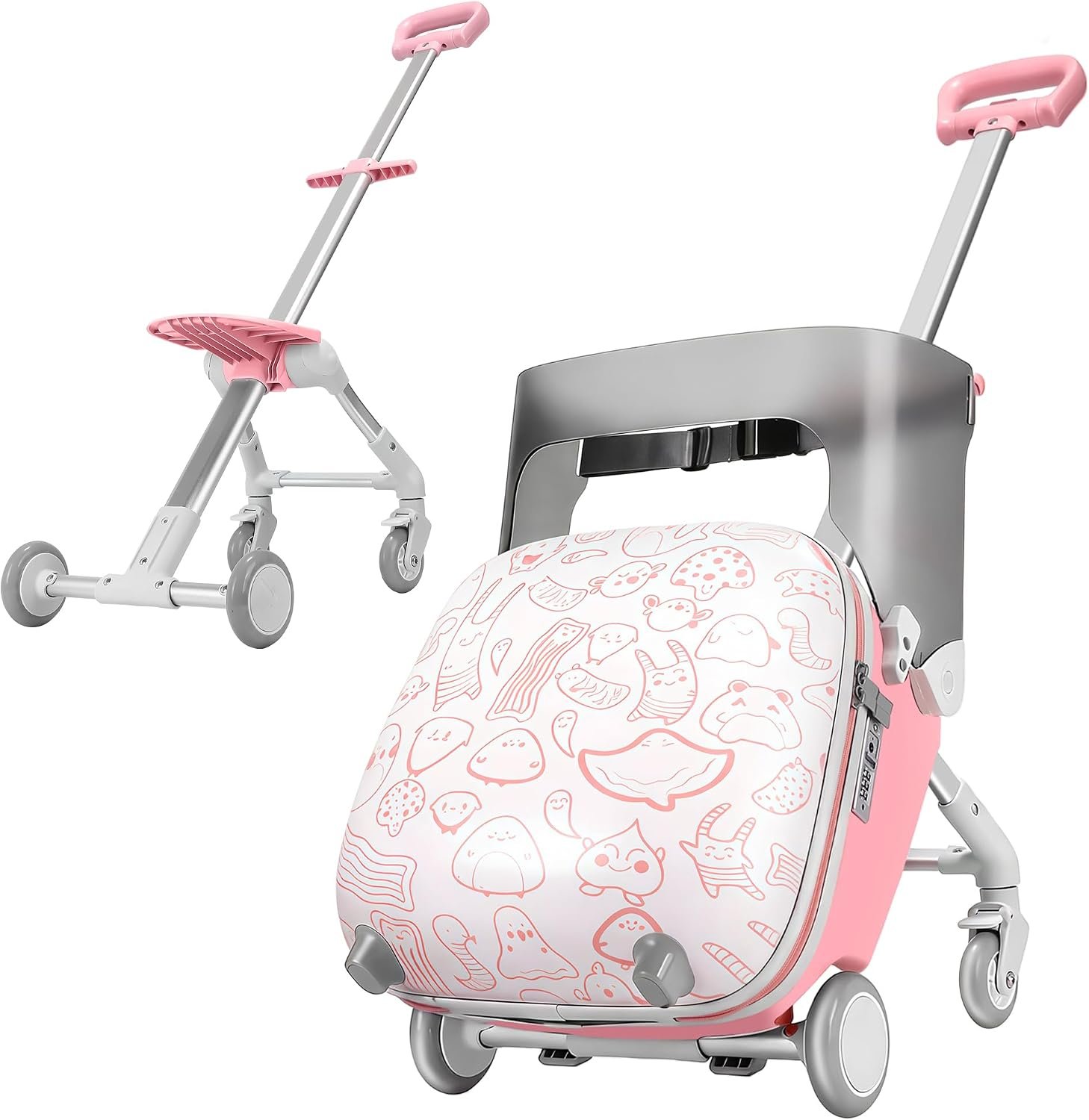 Kids Ride-on Luggage with Seat, 20 inch Carry On Suitcase, 2-in-1 Children’s Luggage with Shockproof Silent Wheels and Guardrail for Airplane & Travels