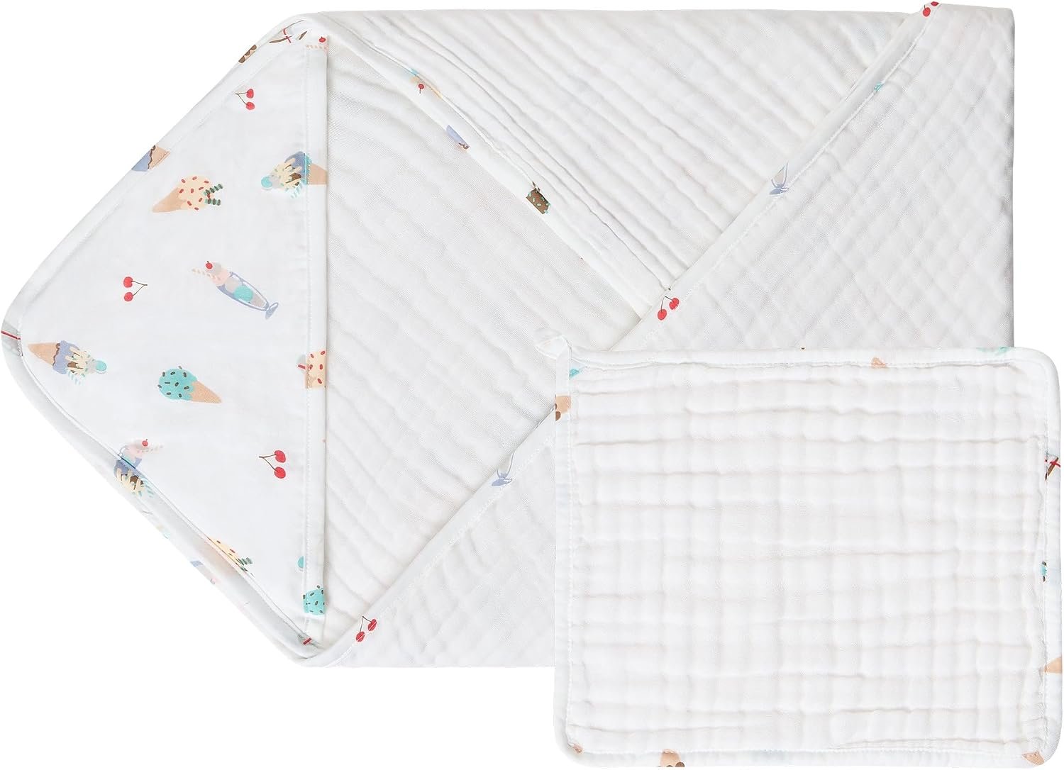 Nest Designs Organic Cotton 9-Layer Hooded Baby Bath Towel | Ultra Absorbent Newborn Essentials | Ice Cream Summer | Includes Matching Washcloth