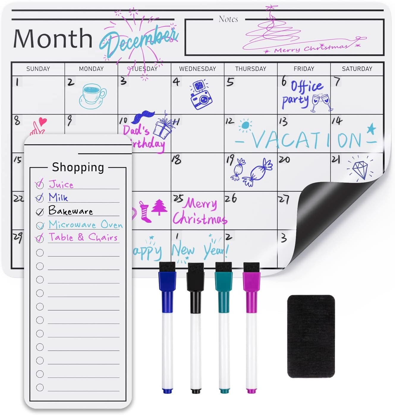 Amazon Basics Magnetic Dry Erase Whiteboard Calendar for Fridge, Easy to Clean, Schedule Organizer, 12″ x 17″, Includes 4 Markers and Eraser