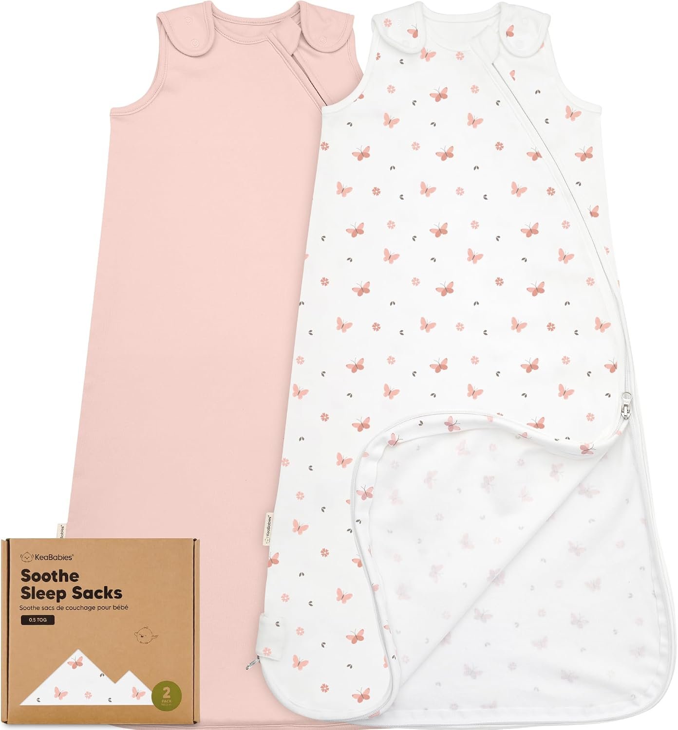 2-Pack Organic Baby Sleep Sacks, 100% Cotton 0.5TOG (Butterflies, 6-18M)