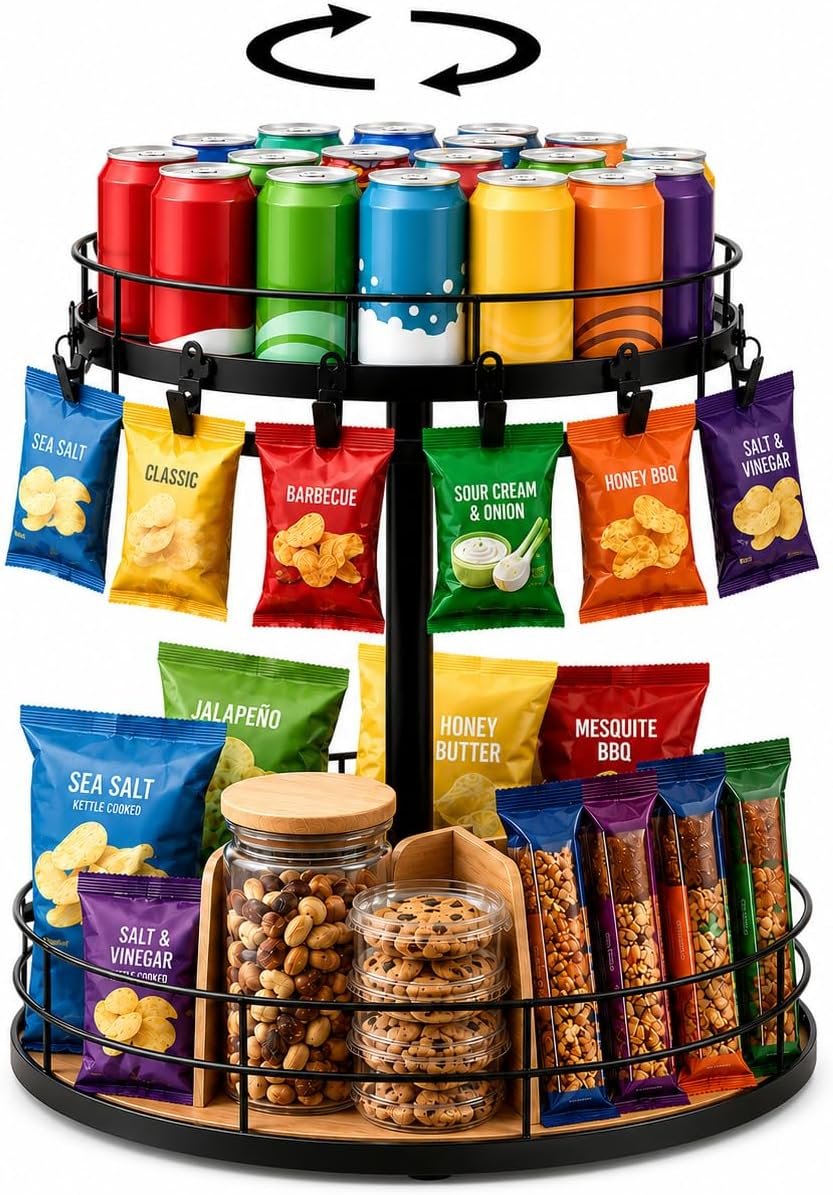 2 Tier Snack Organizer Lazy Susan with Chip Clips