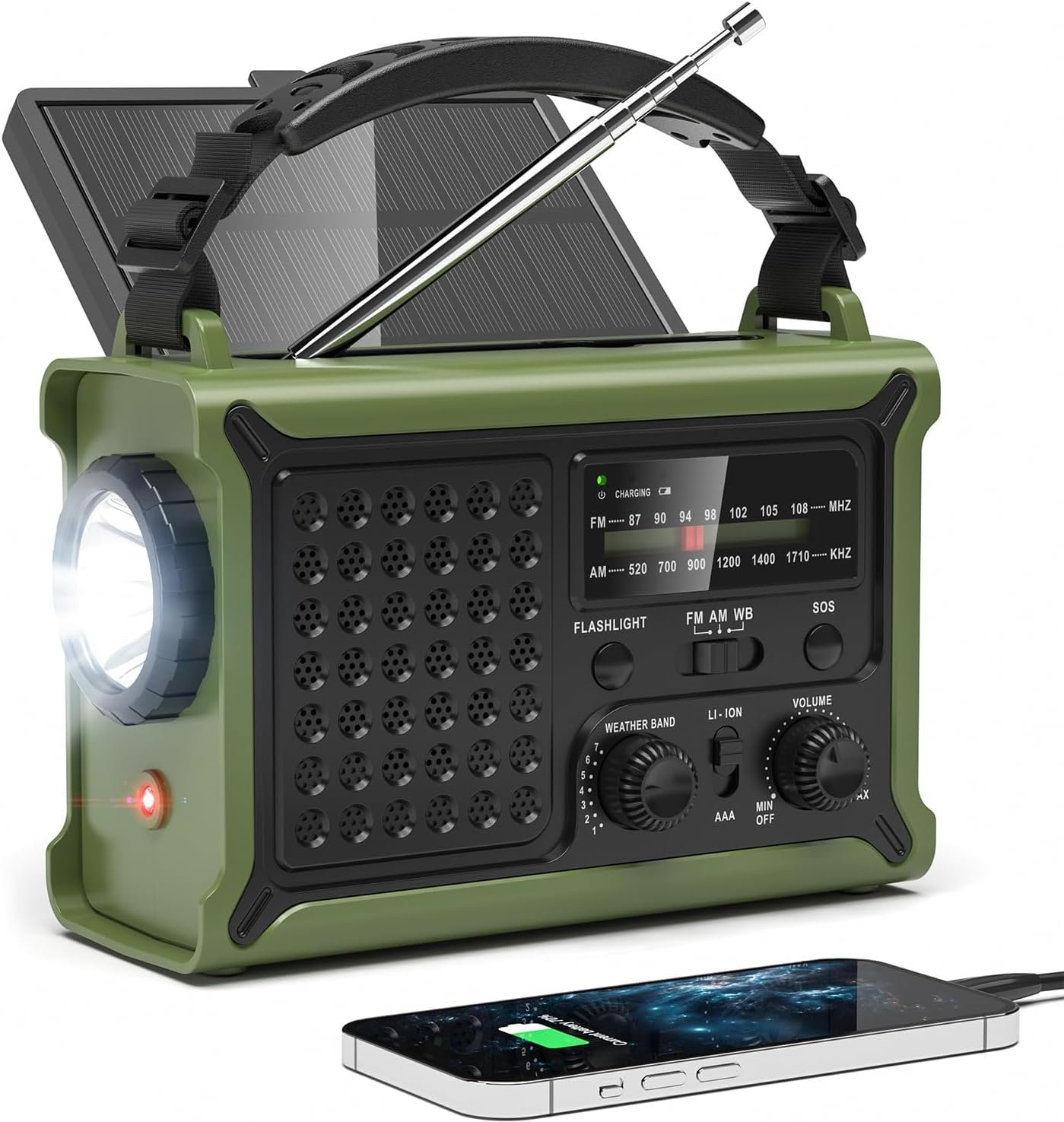 12000mAh/44400mWh Emergency Radio, NOAA Weather Radio, Hand Crank & Solar