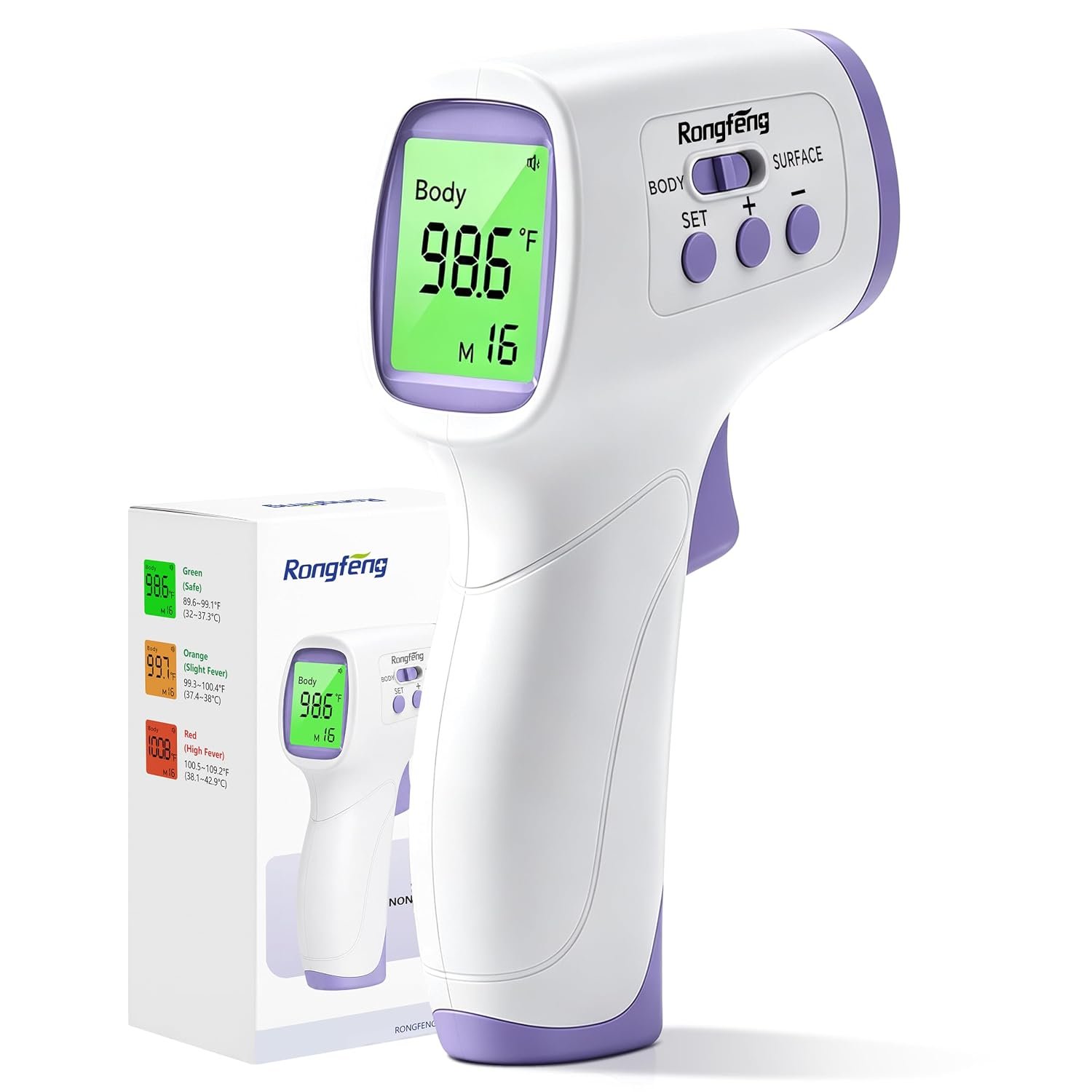 Non‑Contact Forehead Thermometer, 1‑Sec Infrared Thermometer for Baby Kids Adults, Fever Alarm with 3‑Color Backlight, 32‑Memory, Body & Surface Mode, °F/°C Switch, FDA Cleared