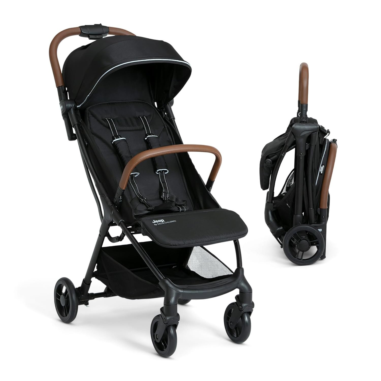 Jeep Altitude Compact Travel Stroller by Delta Children Greenguard Gold, Easy One Hand Fold, Lightweight, Extendable Canopy with Peek-a-Boo Window, Reclining Seat, 4 Wheel Suspension, Black