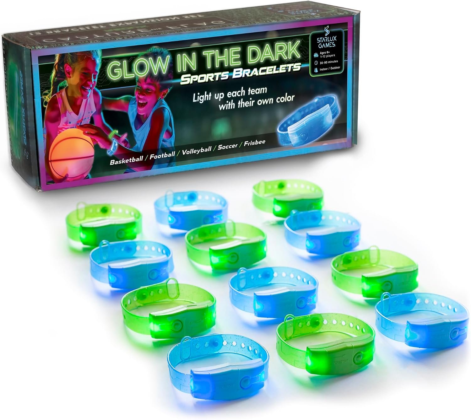 Starlux Games GLOW IN THE DARK SPORTS BRACELETS: 6 Blue, 6 Green | Identify Teams | Light Up 12 players | For Glow in the Dark Basketball, Football, Volleyball, Soccer | Bright, Adjustable & Reusable