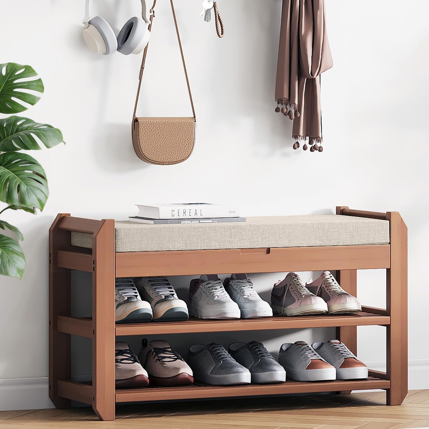 27.6″ Entryway Shoe Rack Bench with Cushion, 2-Tier Storage Bench