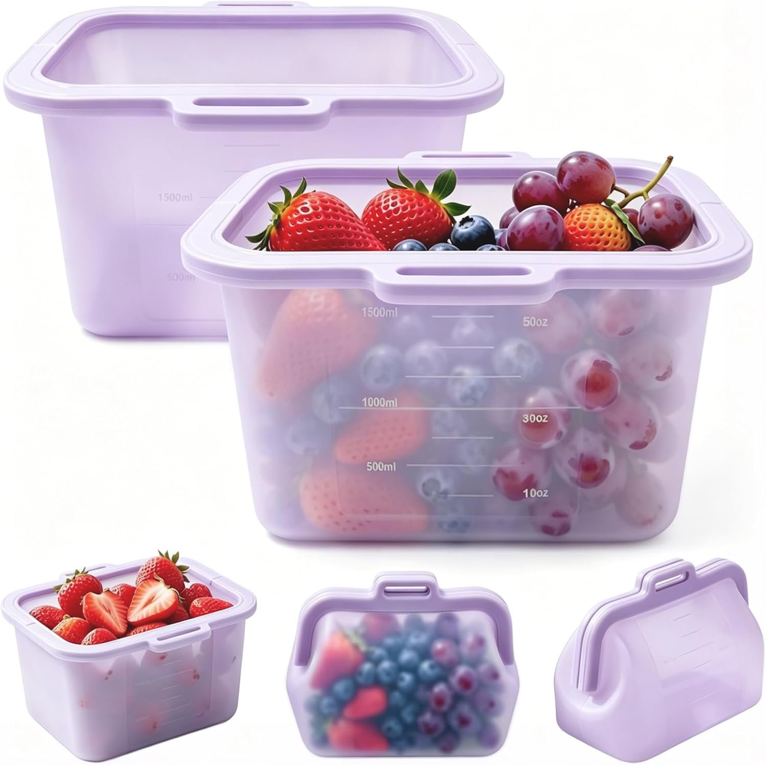Reusable Silicone Food Storage Bags(2 Pack), Magnetic Seal, Translucent, Dishwasher Safe, Ideal Storage for Fruits, Veggies, Meat, Snacks & Daily Supplies, 50oz