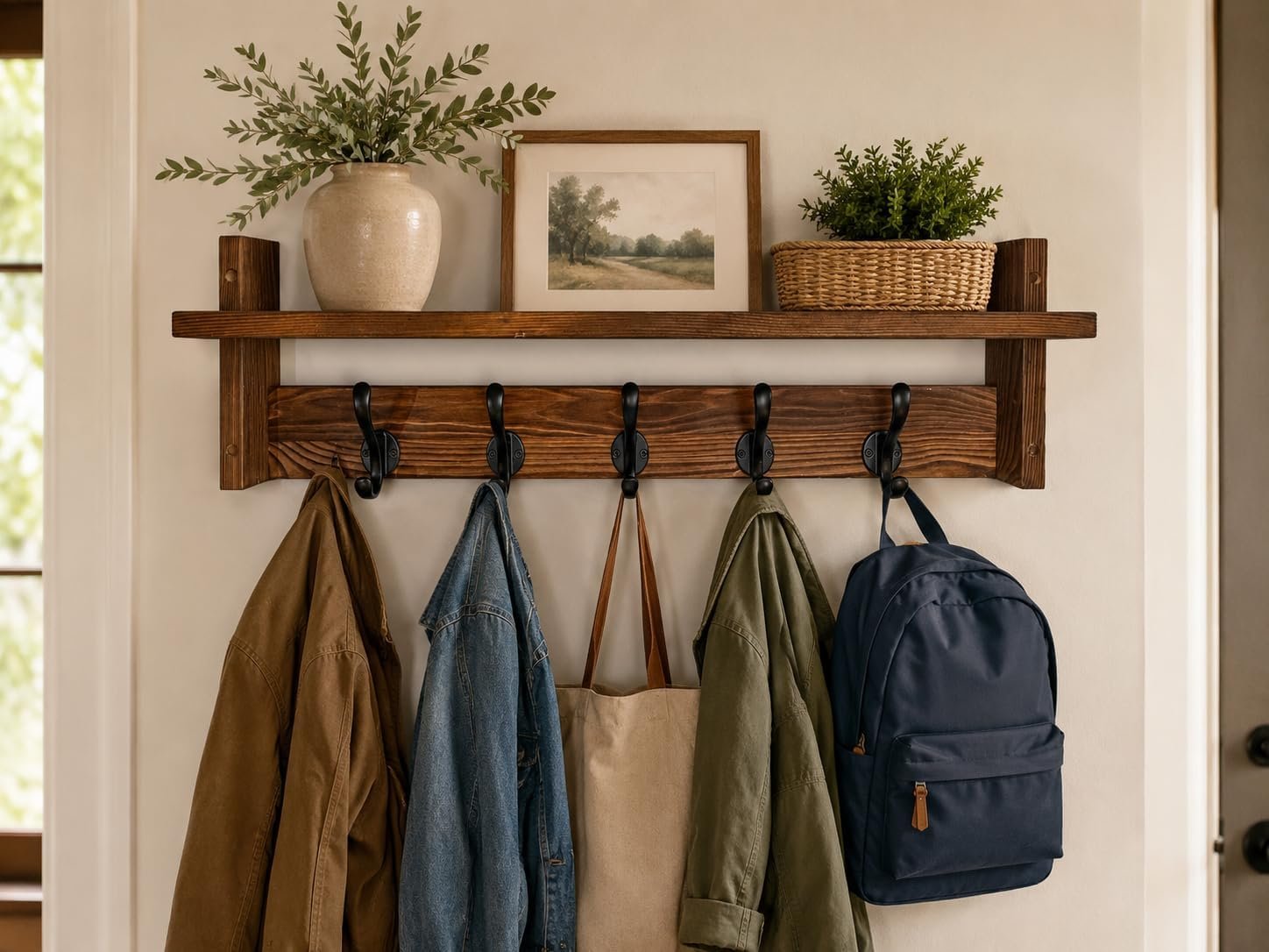 29″ Coat Rack Wall Mount with Shelf, Entryway Wall Hooks with Shelf, Coat Hangers for Bathroom, Living Room, Bedroom