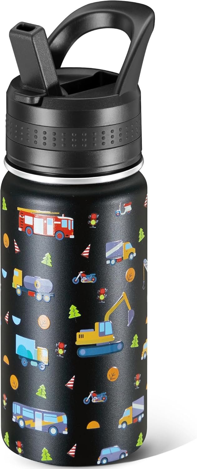 14 Oz Kids Water Bottle, Stainless Steel Water Bottle with Straws, Leak-Proof, BPA-Free, Insulated Water Bottles for School Boys & Girls|Black Car