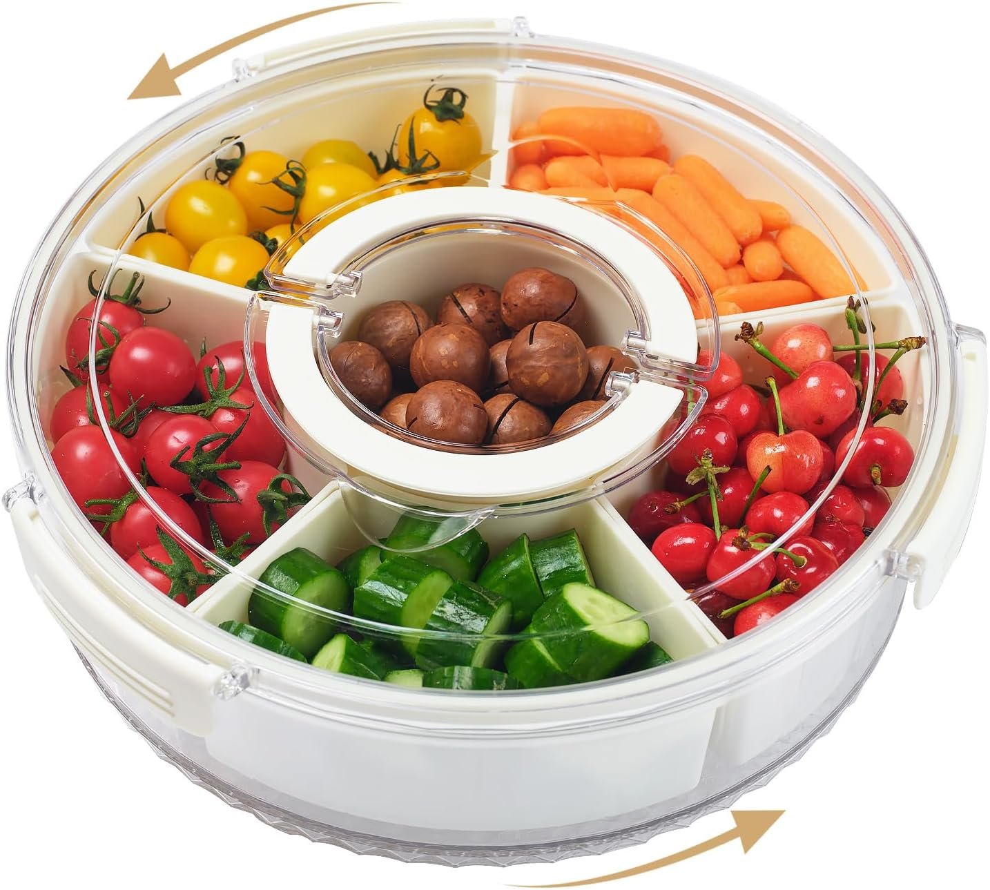 12″ Rotating Divided Serving Tray with Lid and Handle,6-Compartment Snackle Box Container,Portable Snack Organizer for Fruit,Candy and Charcuterie,Spinning Veggie Tray for Kitchen,Party and Picnic