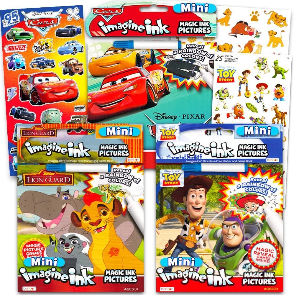 Disney Pixar Magic Ink Coloring Book Super Set – 3 Imagine Ink Books Bundle Featuring Toy Story, Lion Guard, Disney Cars with Invisible Ink Pens and Stickers