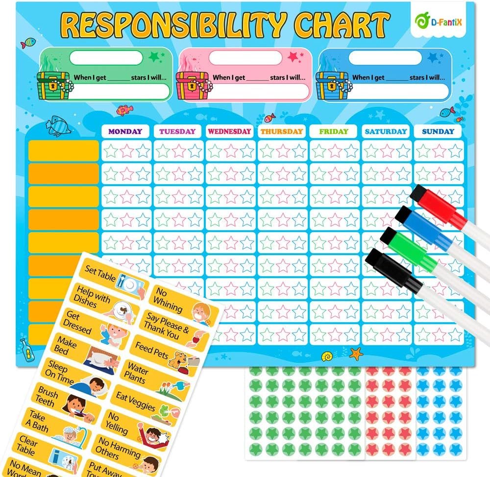 D-FantiX Magnetic Responsibility Chart, Chore Chart for Multiple Kids, My Star Reward Chart Daily Routine Good Behavior Charts Dry Erasable for Toddlers at Home