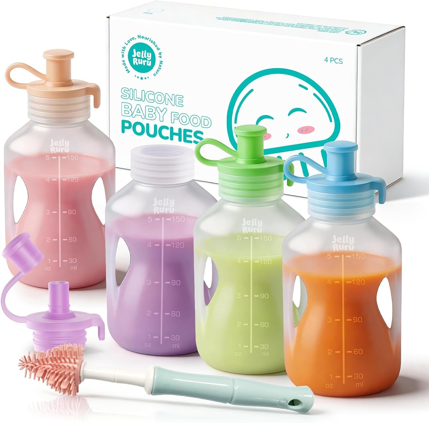 Jelly Ruru Silicone Reusable Baby Food Pouches, 5oz Squeeze Pouch, 4 Pack