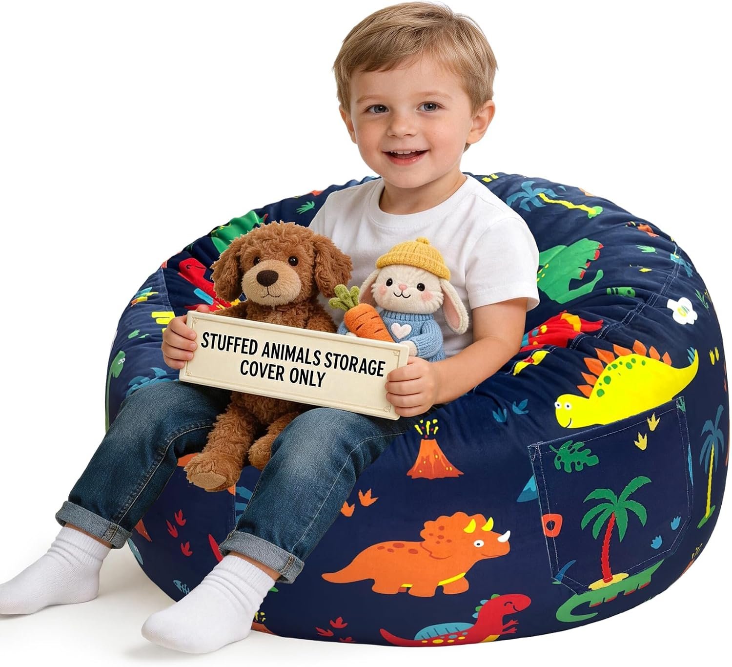 Lukeight Dinosaur Stuffed Animal Storage Bean Bag Chair Cover for Kids (No Filler), Velvet Plush Toy Organizer Seat, Long YKK Zipper, Side Pocket, Large 27″D x 16″H