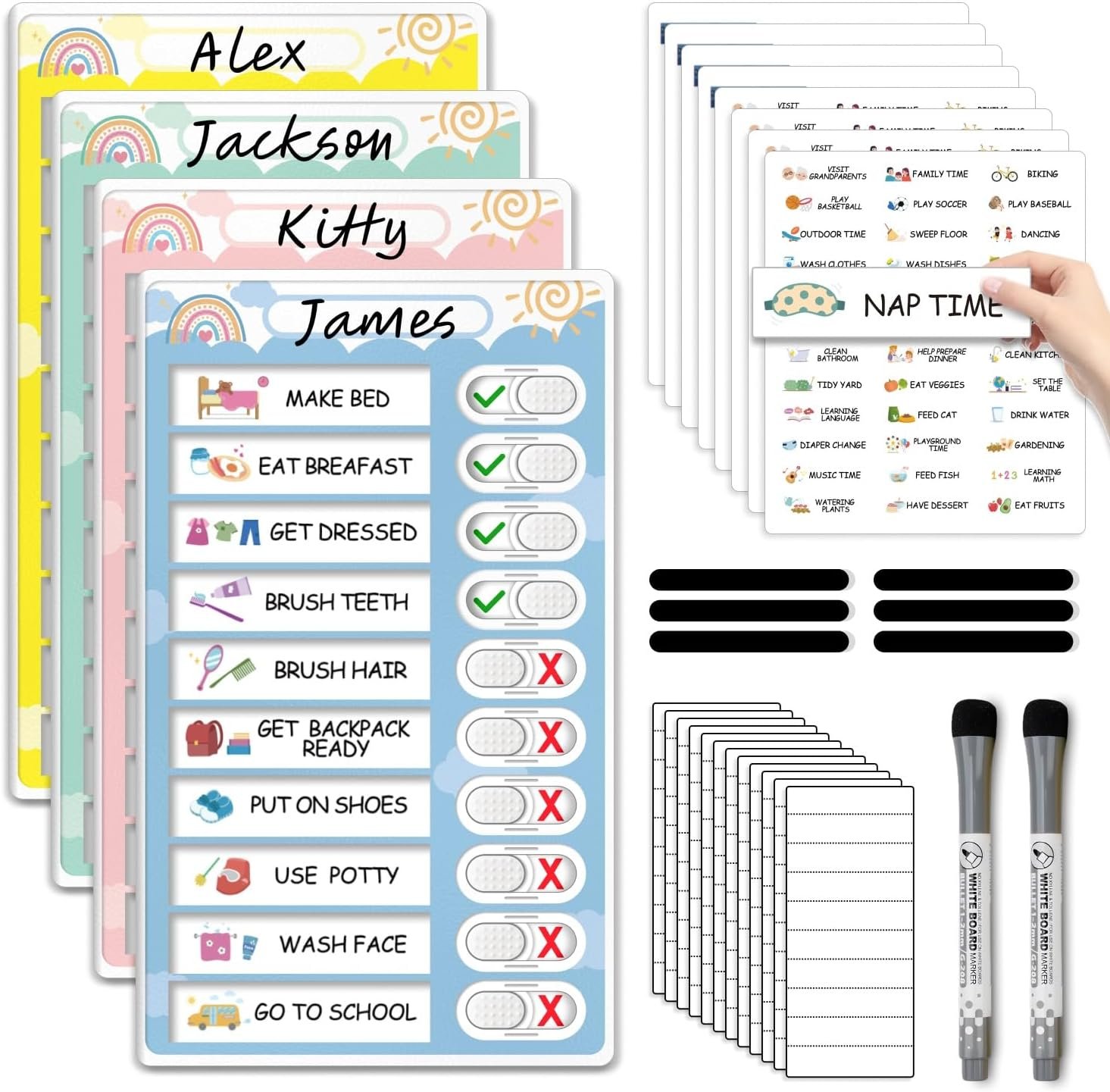 4 in 1 Namable Chore Chart for Kids, Dry Erase Morning/Bedtime Routine Chart for Kids for Refrigerator, Magnetic Visual Schedule for Kids Toddlers to Do List Checklist for Multiple Kids