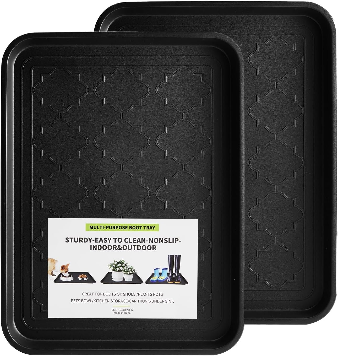 Boot Tray 2 Packs All Seasons Multi-Purpose, Waterproof Boot Trays for Entryway Indoor & Outdoor, Non-Slip Shoe Tray, 16.7″x12.8″,Black