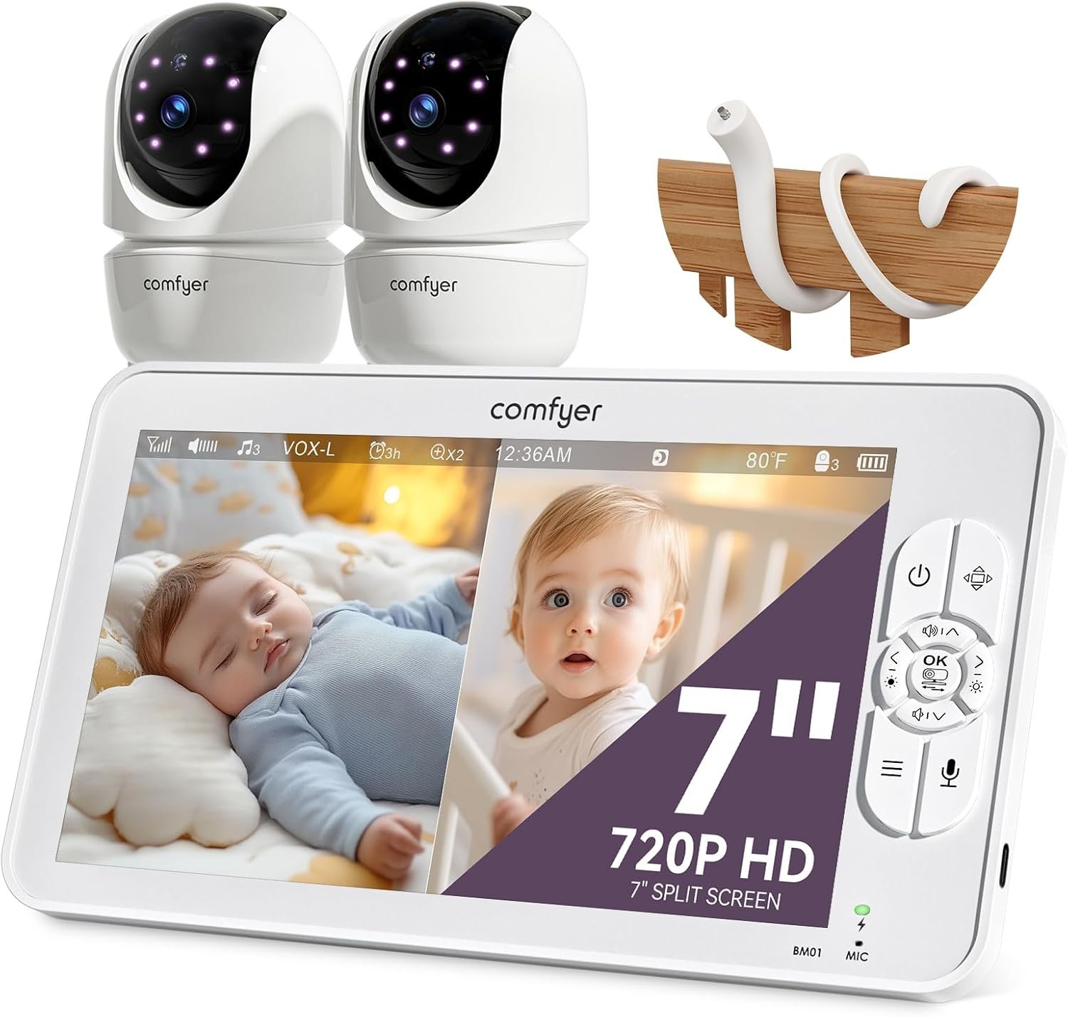 Comfyer BM01 7″ Split-Screen Baby Monitor with 2 Cameras and Audio No WiFi
