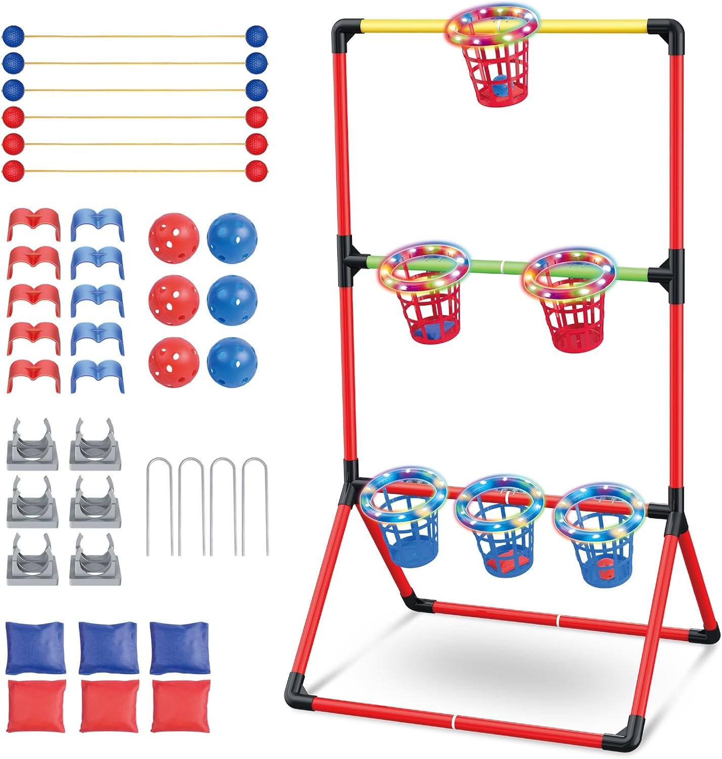 Backyard Lawn Games for Adults Kids – 3-in-1 Yard Pong with 6 Light Up Basket, Ladder Ball and Bean Bag Toss Game – Outdoor Yard Tailgate Game for Family Parties